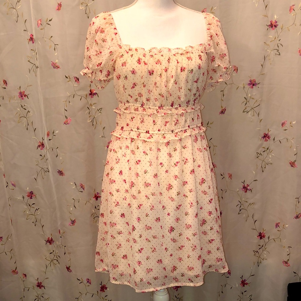 Ivory Smocked Sleeve Floral Dress